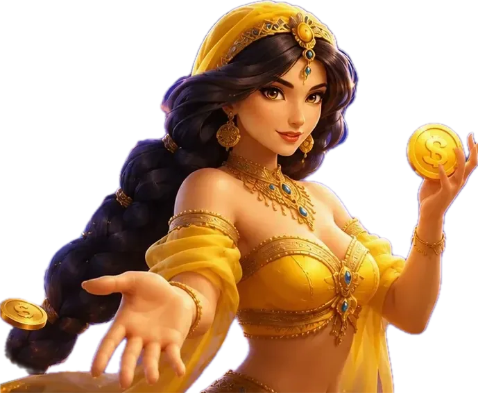 Jasmin, het personage van JasminSlots Casino, met gouden munten